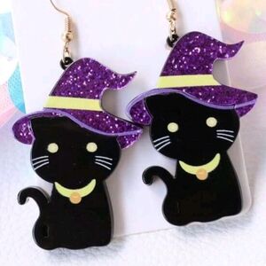 Black cat witch hat Halloween Dangle Earrings